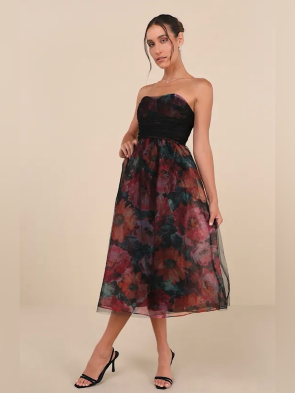 Lulus Splendidly Yours Black Floral Organza Mesh Strapless Midi Dress XS NWT